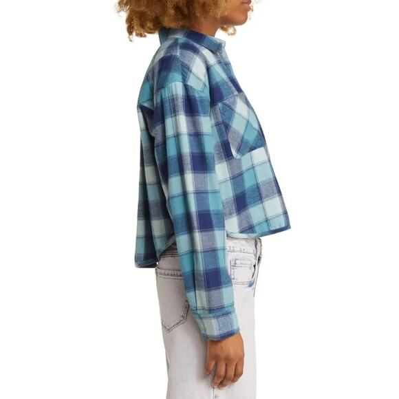 BP Plaid Cropped Flannel Button Up Shirt in Blue Lucie Plaid - Picture 2 of 9